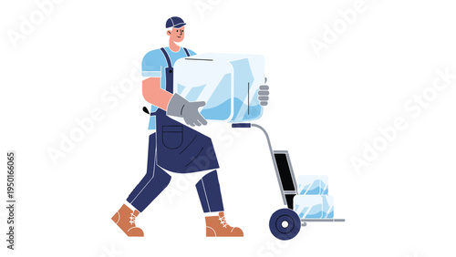 Ice Delivery: A dedicated worker expertly transports a substantial block of ice with the assistance of a hand truck, a testament to reliable service and refreshing provision.