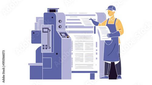 Printing Press Operation: A skilled technician diligently monitors the intricate workings of a modern printing press, overseeing the production of printed materials. 