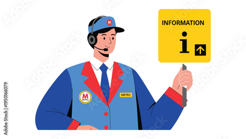Service Agent: A helpful service agent, donning a headset and uniform, holds up an information sign, ready to assist with a friendly and knowledgeable demeanor. 