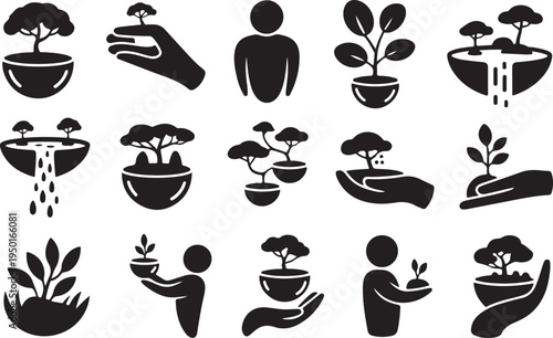 Set of vector food icons featuring a coffee cup, tea mug, and kitchen cooking symbols for restaurant cafe design illustration