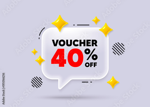 Coupon chat speech bubble. Social media concept. Voucher 40 percent off sale. Special offer coupon sign. Black friday discount symbol. 3d sparkles chat bubble. Vector