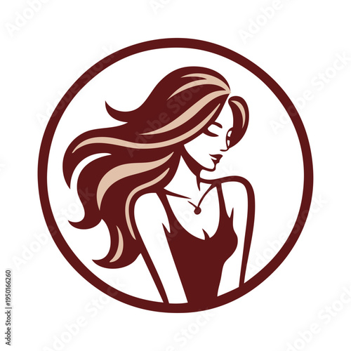 Logotipo de salón de belleza. Dibujo con cara de mujer con peinado con ondas y una cadena con joya al cuello en círculo