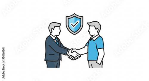 Business partnership handshake agreement with security shield and checkmark symbol