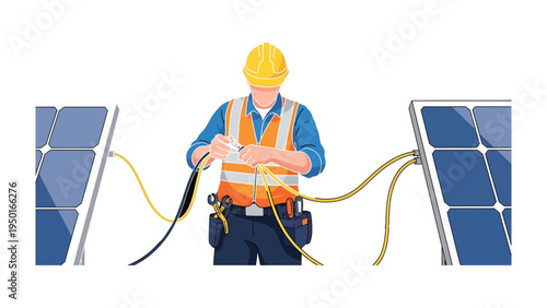 Solar Panel Installation: An electrician connects wires to solar panels, highlighting renewable energy