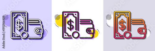 Wallet money line icon. Halftone dotted pattern. Gradient icon with grain shadow. Cash coin sign. Dollar banknote symbol. Line wallet money icon. Various designs. Vector