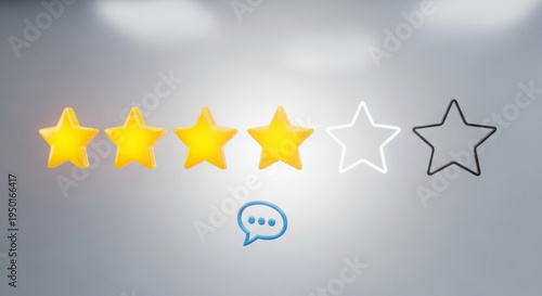 Rating system with four yellow and one gray star and a speech bubble on a gray background with spotlight