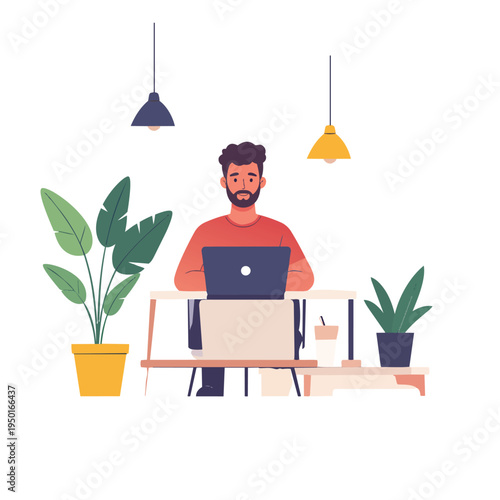 Young man in suit watering plants cartoon vector illustration