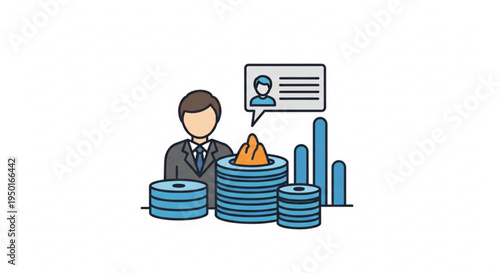 Businessman analyzing financial data with graphs and coins representing economic growth and investment strategy