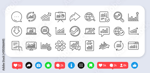 Analytics, Statistics line icons. Social media: share, comment, like icons. Set of Report document, Chart and Graph icons. Data analytics, Presentation chart and Communication. Vector