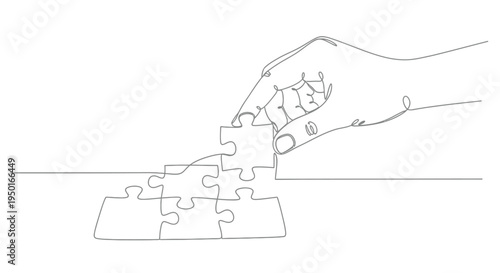 Hand placing puzzle piece continuous line art with white background