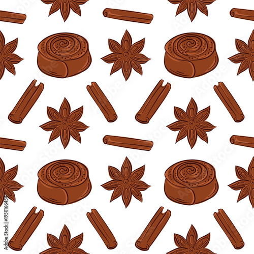 Cinnamon roll pastry with star anise and stick seamless pattern in flat style. Perfect for bakery background, breakfast menu and sweet pastry package.