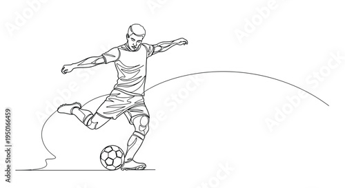 Soccer player kicking ball continuous line art with white background