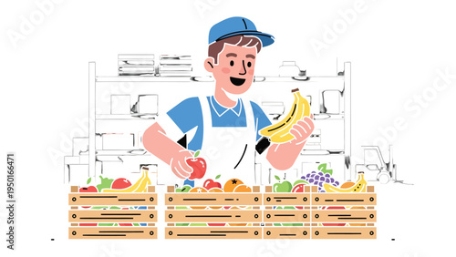 Shopkeeper's Delight: A cheerful shopkeeper is meticulously presenting a fresh harvest of colorful fruits, celebrating the vitality of nature's bounty. 