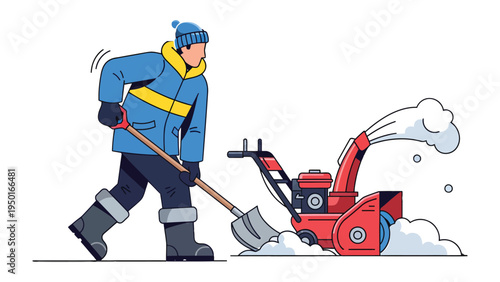 Winter Worker and Snow Blower: An individual braves the cold with a shovel in hand, working alongside a powerful snow blower to clear a path, embodying winter chores.