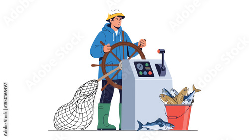 Maritime Pursuits: A steadfast fisherman steers a ship, overseeing the control panel with skill, with net and a haul of the ocean's bounty, depicting the maritime profession.