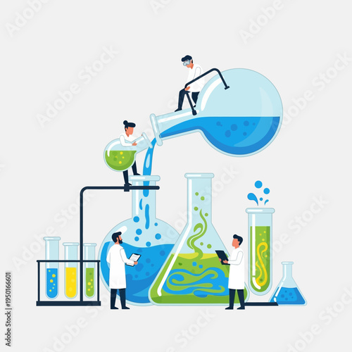 Scientists conduct experiments with colorful liquids in laboratory glassware