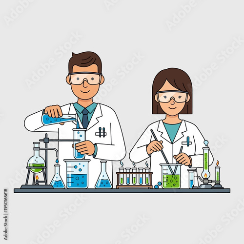 Scientists conducting experiment in laboratory with beakers and test tubes