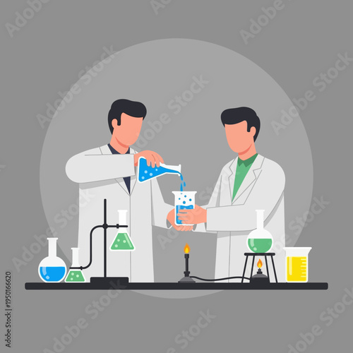 Scientists conducting experiment in laboratory with beakers and flasks