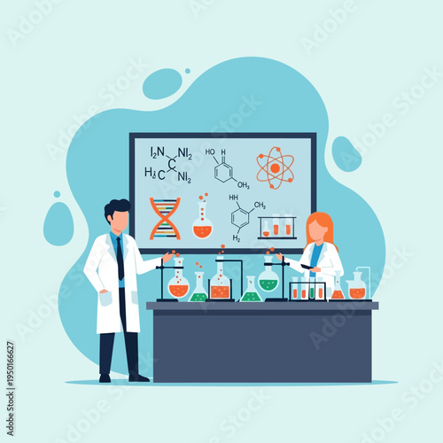 Scientists conducting experiment in laboratory with chemical formulas on blackboard