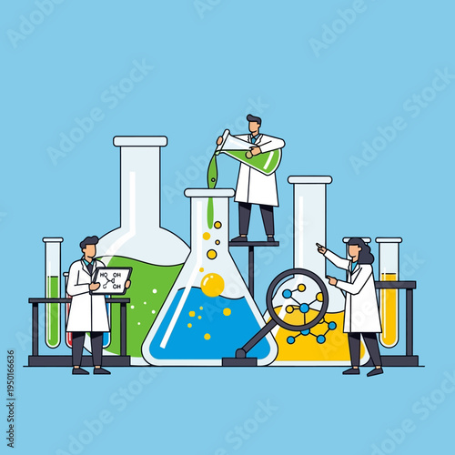 Scientists conducting experiment in laboratory with beakers and test tubes