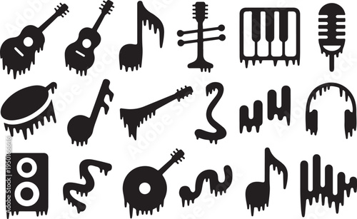 Black vector silhouette collection of different animal shapes and musical instruments including guitars plus construction tools like hammers and screws as a design icon set illustration