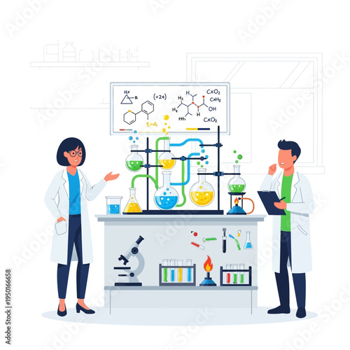 Scientists conducting experiment in laboratory with chemical reactions and molecular structures on board
