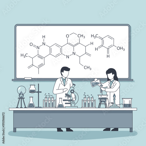 Scientists conducting experiment in laboratory with chemical formulas on whiteboard