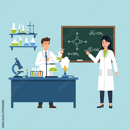 Scientists conducting experiment in laboratory with chemical formulas on blackboard