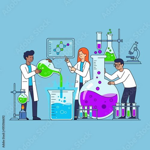 Scientists conducting experiment in laboratory with colorful liquids and equipment