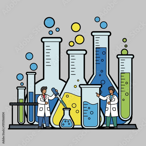 Scientists conducting experiment with colorful liquids in laboratory glassware