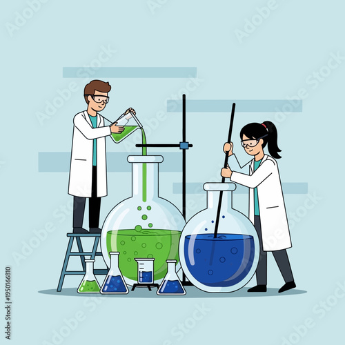 Scientists conducting experiment with colorful liquids in laboratory glassware