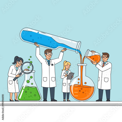 Scientists conducting experiment with colorful liquids in laboratory flasks