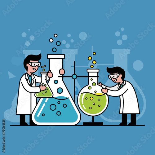 Scientists conducting experiment with flasks and bubbling liquids in laboratory