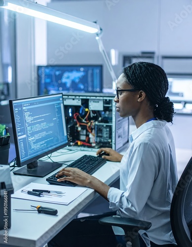 Focused Female Engineer Working on Computer in Modern Lab.