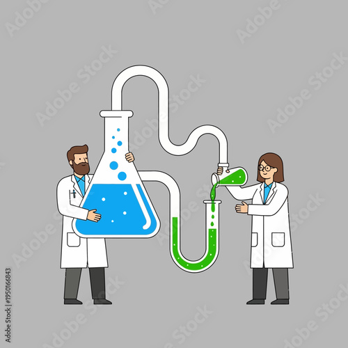 Scientists conducting experiment with flasks and green liquid in laboratory