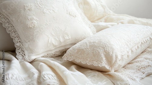 Elegant, cream-colored embroidered pillows with lace trim on a bed