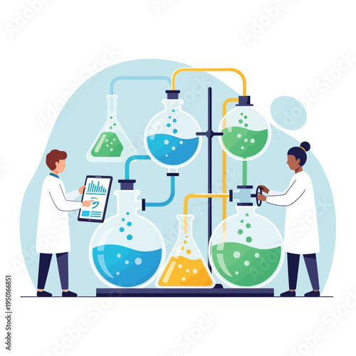 Scientists conducting experiment with flasks and tubes in laboratory