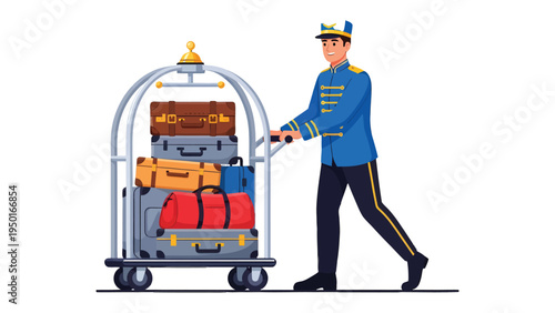 Bellhop Service: A smiling bellhop in uniform effortlessly pushes a luggage cart laden with various suitcases, embodying the epitome of hospitality.