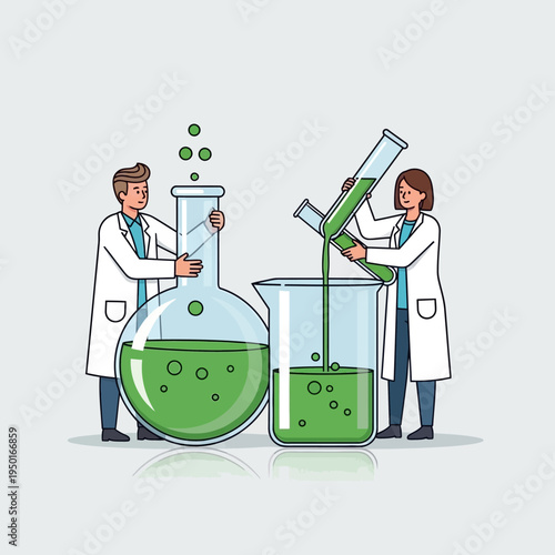 Scientists conducting experiment with green liquid in laboratory glassware