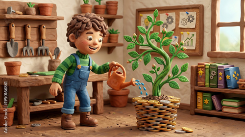 Happy child watering money plant in cozy workshop, nurturing growth and success