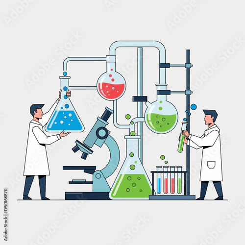 Scientists conducting experiment with laboratory equipment, microscope, flasks, test tubes
