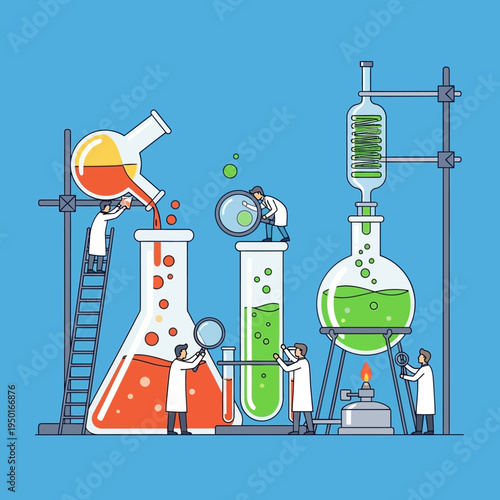 Scientists conducting experiments in a laboratory with colorful liquids and equipment