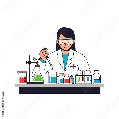 Scientist working in a laboratory, conducting experiments with colorful liquids in glassware.