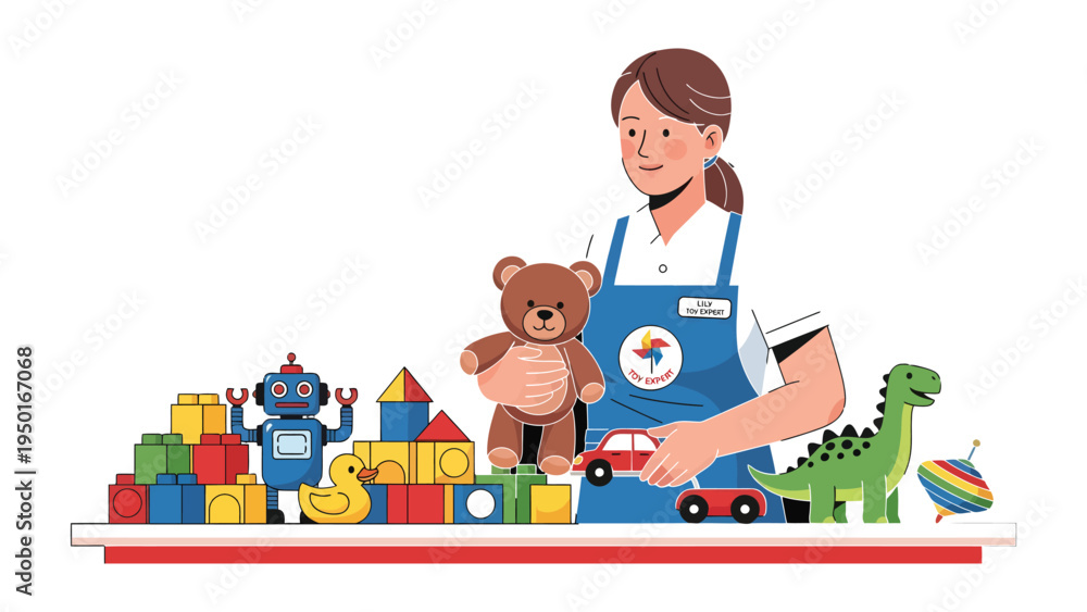Fototapeta premium Toy Store Employee with Collection of Toys: A friendly employee of a toy store stands proudly amidst a colorful collection of toys, perfectly showcasing the joy of childhood and the artistry of play.