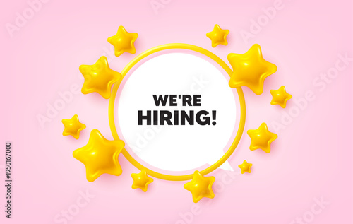 Hiring frame banner. Speech bubble offer. We are hiring tag. Recruitment agency sign. Hire employees symbol. 3d stars glitter tag. Golden frame banner. Vector