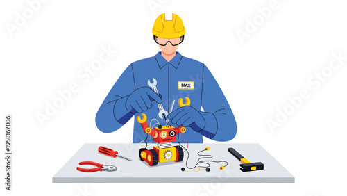 Robotics Technician: A skilled technician, equipped with tools, diligently works on a robotic project, embodying precision and innovation. 