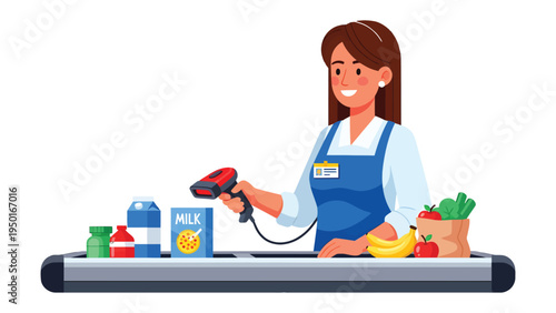 Retail Clerk Scanning Groceries: A smiling retail clerk skillfully scans a variety of grocery items at a checkout counter, epitomizing efficiency and customer service.