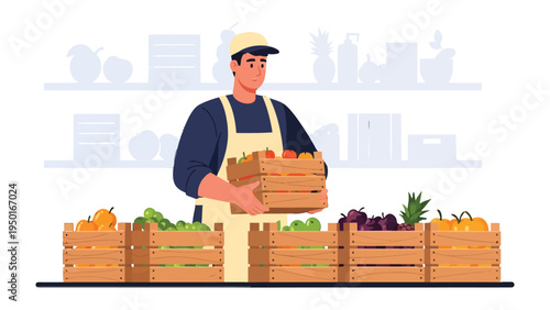 Local Harvest: A market vendor arranges crates of fresh produce, offering a glimpse into the local harvest and the bounty of nature.