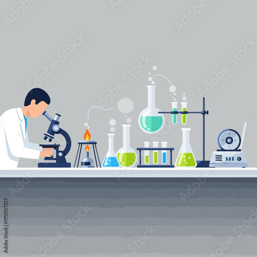 Scientist working with microscope and chemicals in laboratory, research and development concept
