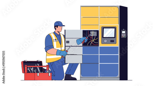 Technician at Work: A skilled technician, equipped with tools, diligently works on a complex machine, emphasizing precision and expertise in a professional setting.